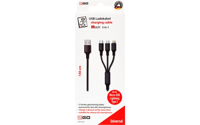 2GO Cavo Di Ricarica USB 3 In 1 150 Cm Rosso