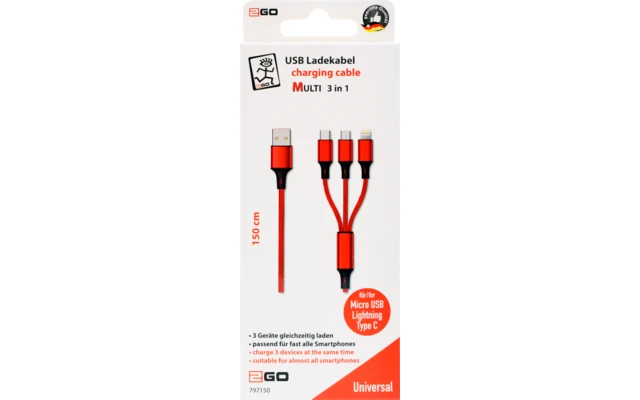 2GO Cavo Di Ricarica USB 3 In 1 150 Cm Rosso - immagine 2